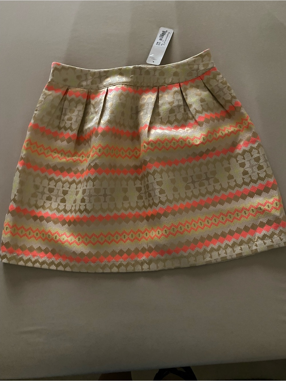 Gold Patterned A-Line Skirt with Coral and Yellow Accents